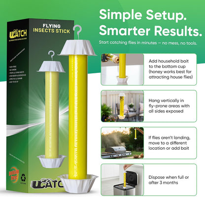 Sticky Fly Trap Indoor & Outdoor Pack of 4 | Hanging Fly Stick for Gnats, Flies, Wasps, Mosquitoes & Other Flying Bugs | Fly Trap Sticky | Home Pest Control | Flying Insect Trap Rolls | Ucatch
