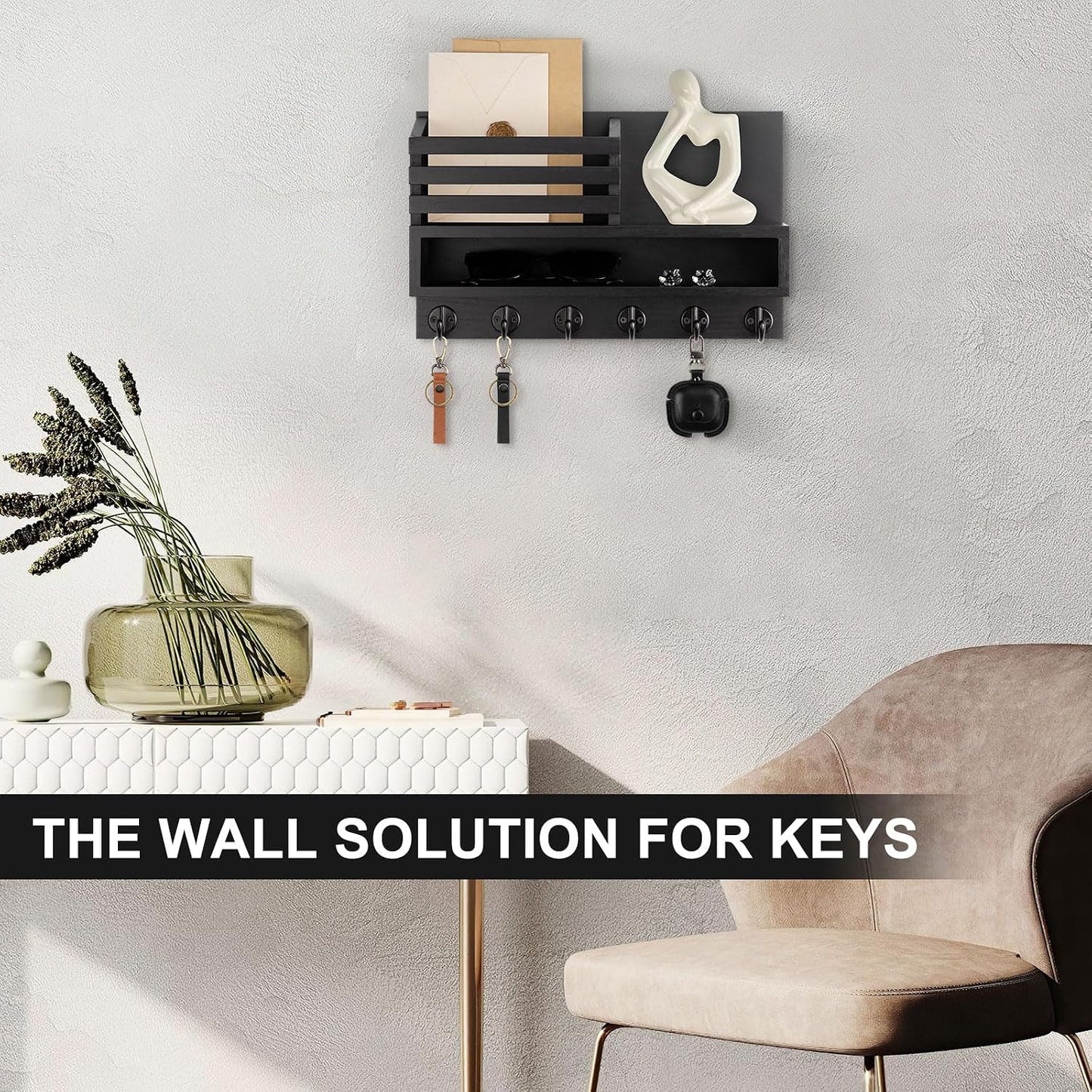 Key and Mail Holder Wall Mount, Key Hanger with Long Storage Box and 5 Hooks for Coat, Dog Leash, Home Decor Rack, House Accessories, Entry Way Organizer 11.8”W x 7.8”H x 3.2”D