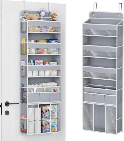 COOLBEBE 2-Pack over the Door Organizer, 5-Tier Hanging Storage with Clear Windows & Mesh Side Pockets, Heavy-Duty Nursery Closet Organizer for Baby Essentials, Bathroom, Bedroom, Grey