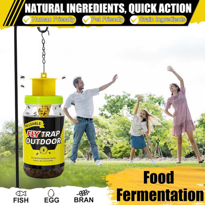 Reusable Fly Traps Outdoor Bottles, 3 Pack Fly Killer Catcher Jar with 6 Natural Magnet Bait Refills Lure, Flies Bug Insect Trap Control Outdoor Hanging for Outside Barns, Stable, Patio