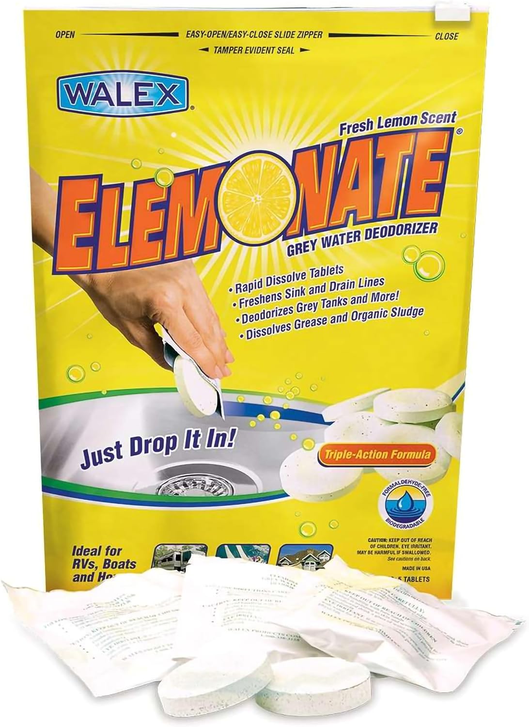 Walex Elemonate RV Grey Water Tank Deodorizer Tablets - Fresh Lemon, 5-Pack