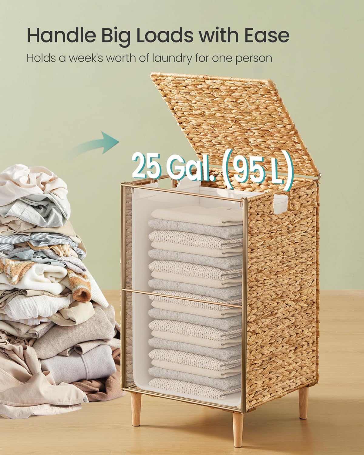 SONGMICS Laundry Hamper 3 Sections, 47.5 Gal. (180 L) Handwoven Water Hyacinth Wicker Laundry Basket with Lid, Natural Material, Removable Machine Washable Liners, Handles, Natural ULCB203Y01