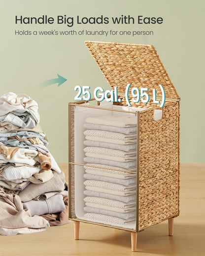 SONGMICS Laundry Hamper 3 Sections, 47.5 Gal. (180 L) Handwoven Water Hyacinth Wicker Laundry Basket with Lid, Natural Material, Removable Machine Washable Liners, Handles, Natural ULCB203Y01