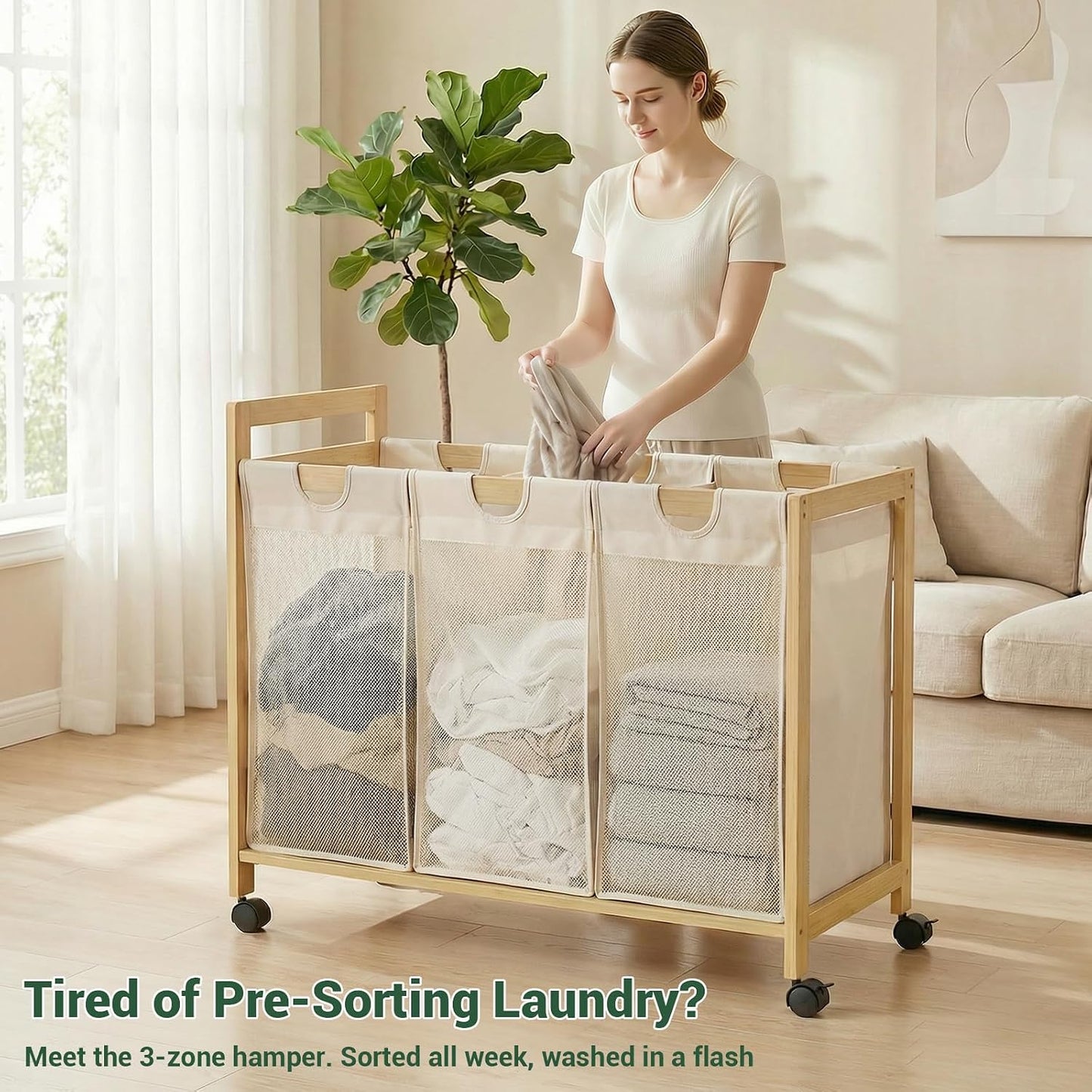 Homykic 250L Laundry Sorter Cart with Wheels, 3-Section Rolling Laundry Basket with Removable Bags, 66 Gal Large Laundry Hamper Organizer, Heavy Duty Bamboo Frame, Water-Resistant, Black