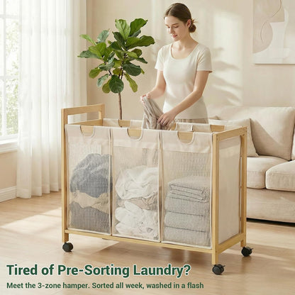 Homykic 250L Laundry Sorter Cart with Wheels, 3-Section Rolling Laundry Basket with Removable Bags, 66 Gal Large Laundry Hamper Organizer, Heavy Duty Bamboo Frame, Water-Resistant, Black