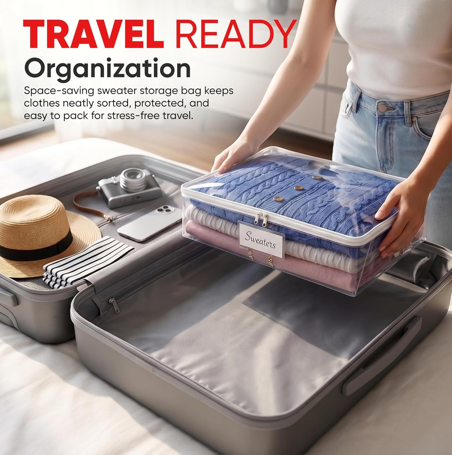 Masirs Clear Blanket Storage Bag (2-Pack) - Vinyl Clothing Organizers with Zipper & Label Pocket - Protects from Dust, Moisture & Dirt - Ideal for Underbed Storage Sheets, Comforters & Bedding