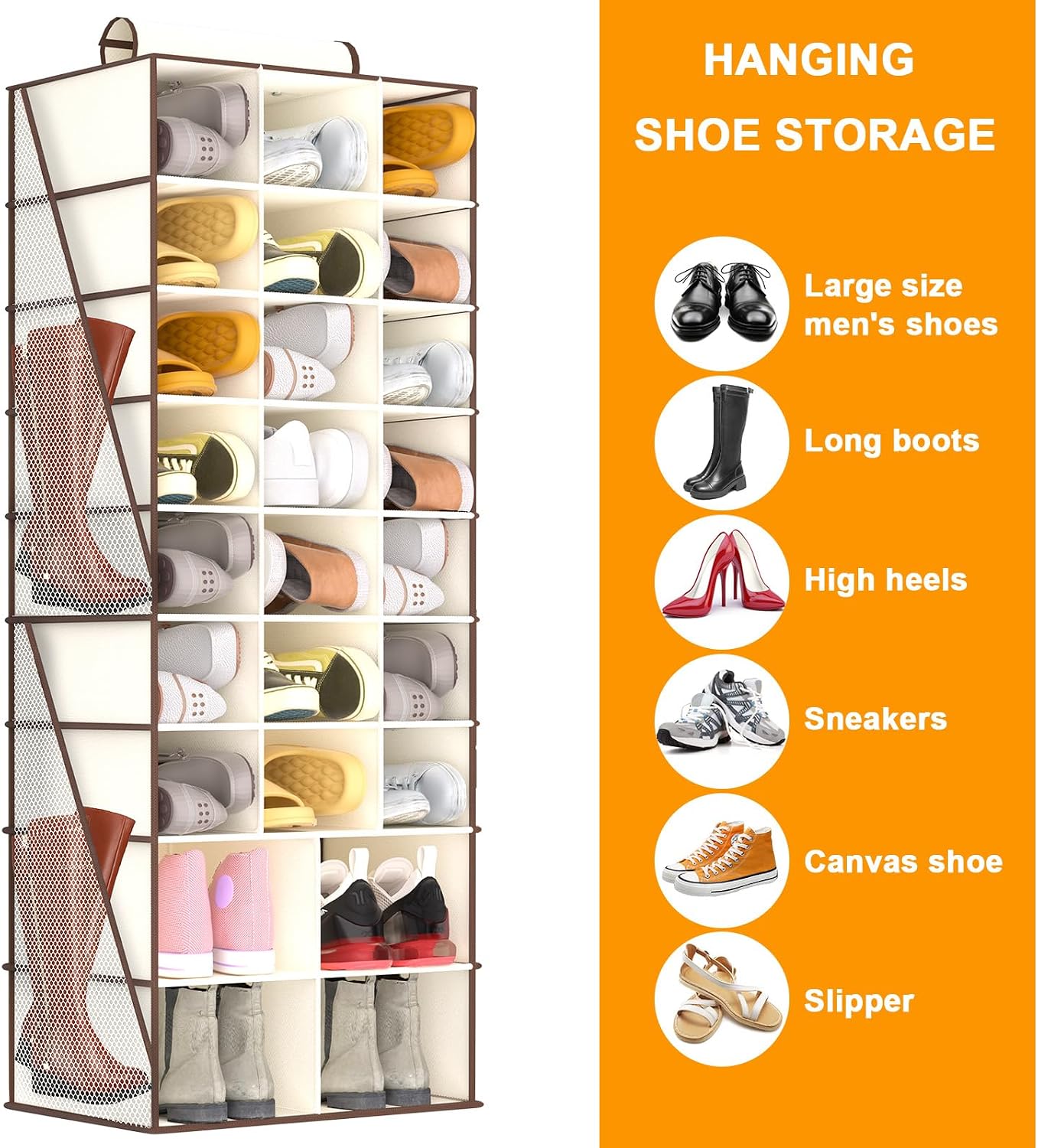 Hanging Shoe Organizer for Closet with 8 Shelves,Mesh Pockets-Wider Hanging Shelves for Shoes,Clothes,Hats with Sturdy Bamboo-Supported Design (Beige)