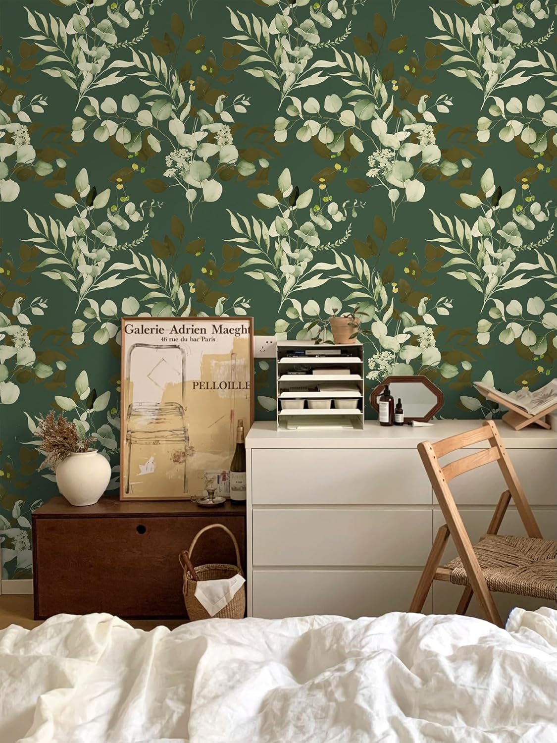 HAOKHOME Peel and Stick Wallpaper Boho Green/White Botanical Leaf Floral Wall Mural Home Nursery Decor Renter Friendly Wallpaper 17.3in x 9.8ft