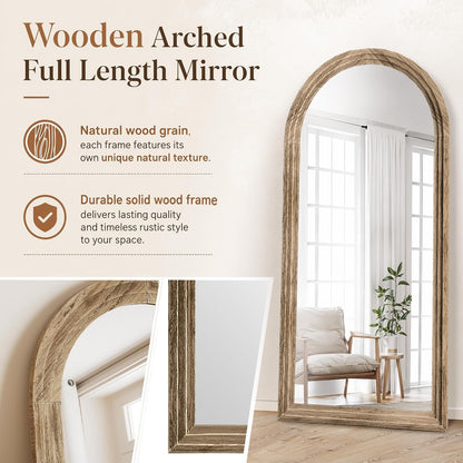 XRAMFY Full Length Mirror 65" x 22", Arched Large Floor Mirror with Solid Wood Frame, Freestanding & Wall Mounted, Antique Brown Finish for Bedroom Living Room