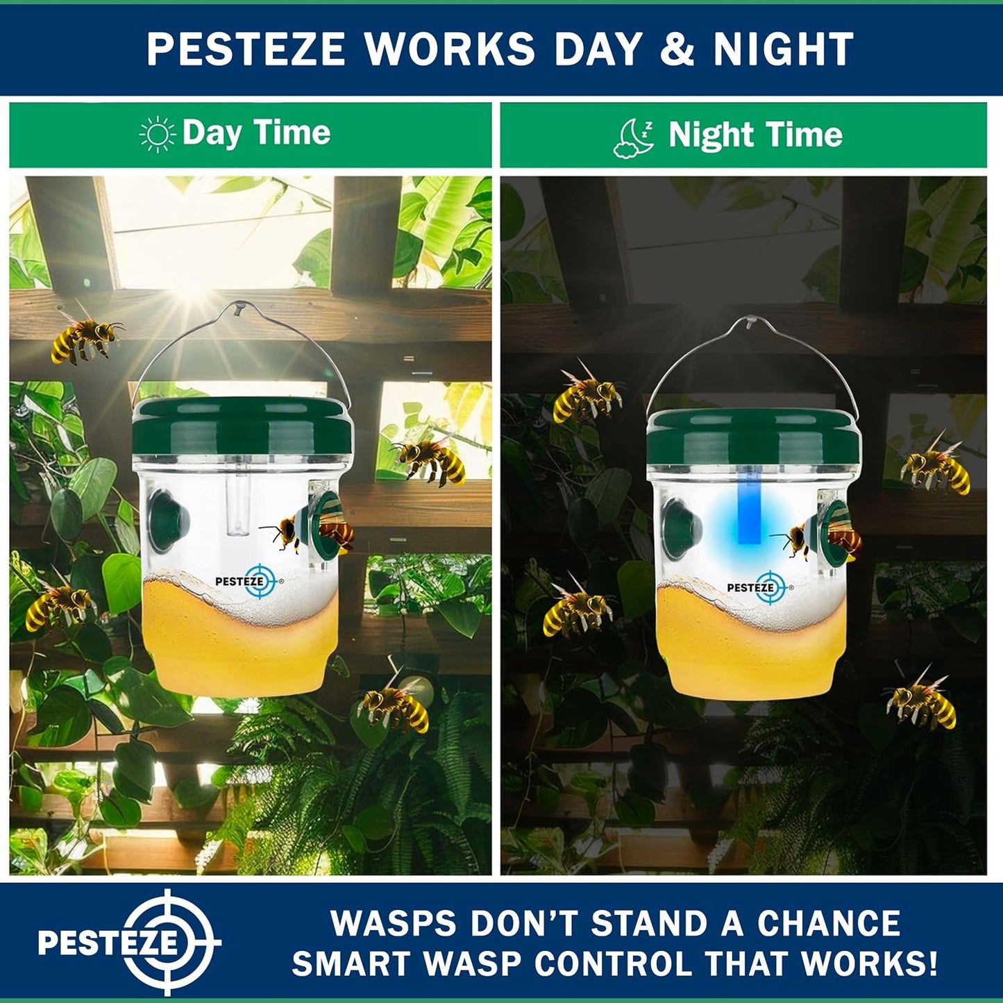 2 Pack PESTEZE Reusable Solar Hanging Wasp Trap with LED Light [Green Color: 3.5 X 4.4 Inch] Attracts, Catches Wasp, Hornet, Yellow Jacket & Insect Species 24/7. Waterproof & Durable