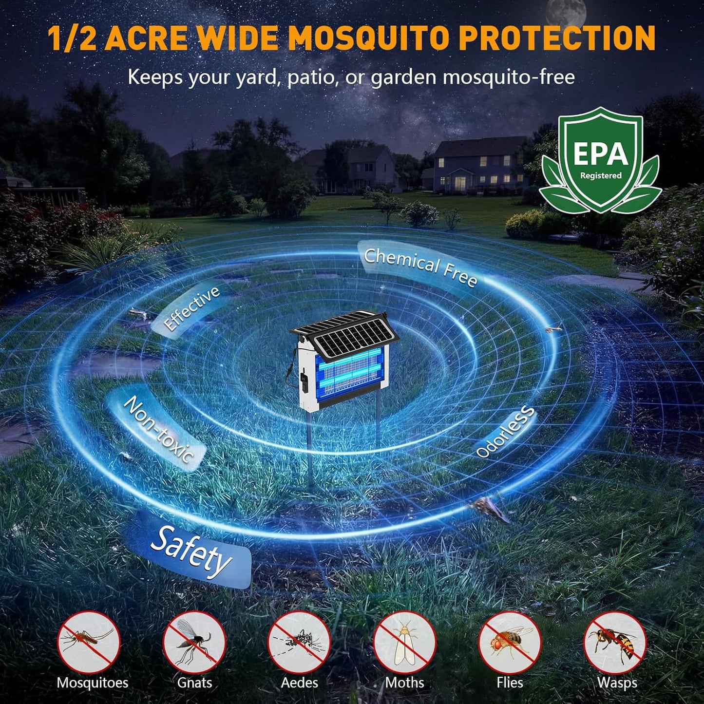 Solar Bug Zapper Outdoor, 4500V Solar Mosquito Zapper with Dual Solar Panels, 1/2 Acre Coverage Cordless Rechargeable Electric Fly Zapper, IPX5 Waterproof Mosquito Traps for Backyard, Patio, Camping