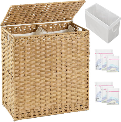 SETVSON Laundry Hamper with Lid Laundry Basket 132 L (35 Gal) Wicker Clothes Hamper, Handwoven Rattan Hamper with Handles and 4 Removable Liner Bags, 6 Mesh Bags for Laundry Bedroom Natural