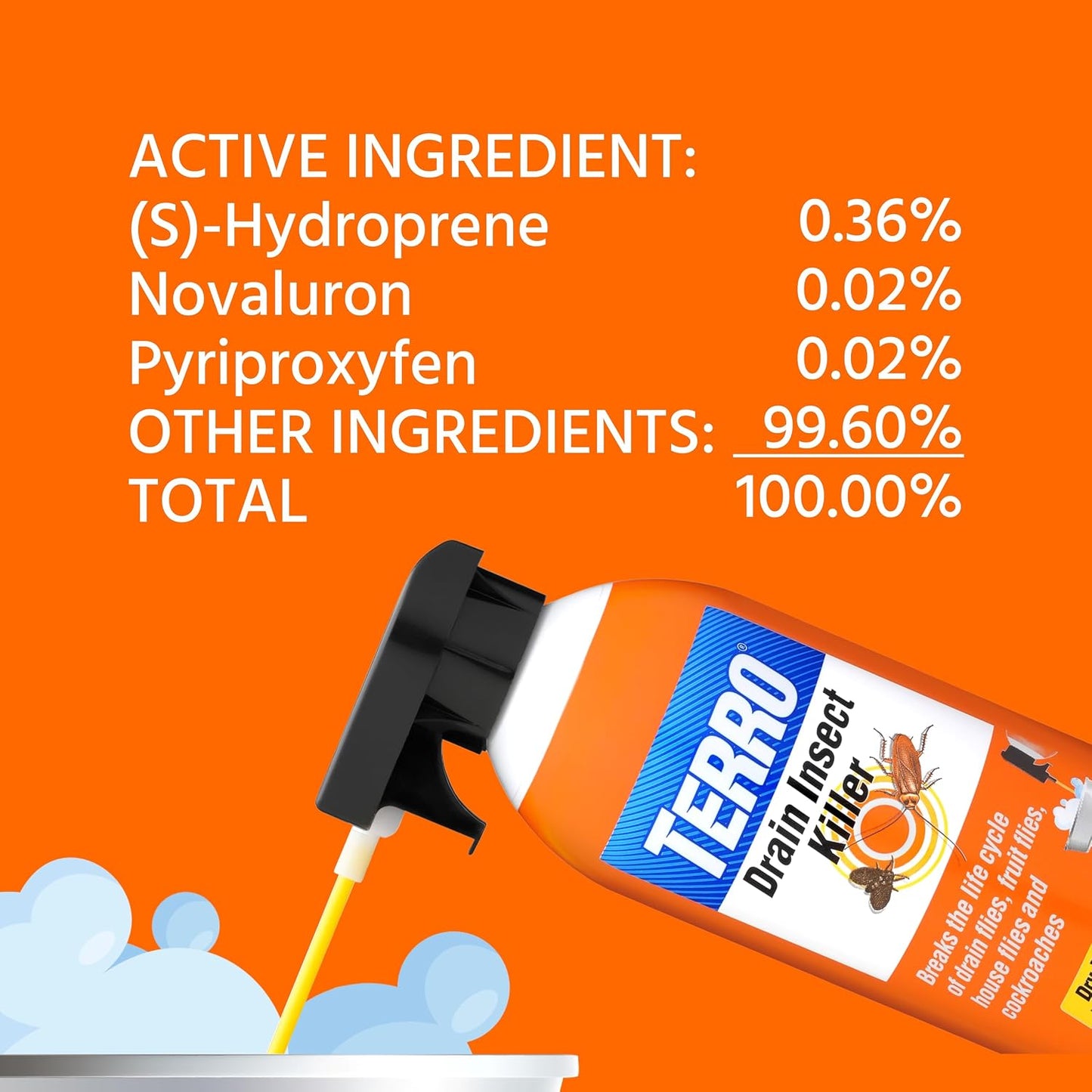 TERRO Drain Insect Killer, 1-Pack, Foam Treatment for Indoor Infestations | Kills Cockroaches, Drain, House, & Fruit Flies, Extension Tube Application, Drain Fly Killer, Works on All Pipes