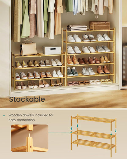 SONGMICS Bamboo Shoe Rack for Closet, Stackable Shoe Oragnizer with Modular Structure, Space-Saving Free Standing Shelf for Entryway Bedroom, 2-Tier, Holds 9-12 Pairs, Natural Color ULBS052YL01