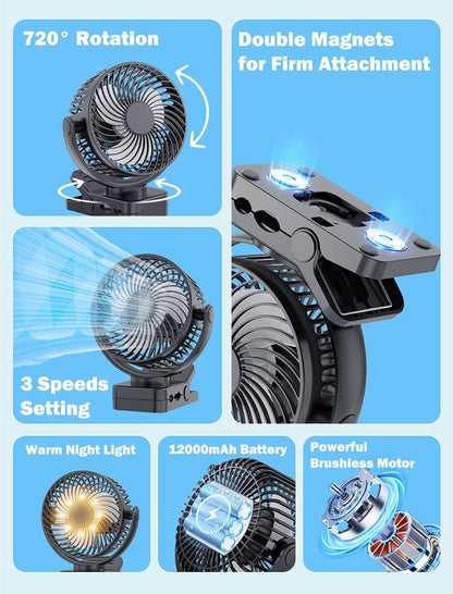 Magnetic Cruise Ship Approved Fan, 12000mAh Battery Operated Clip on Fan with 3 Speeds, LED Lantern, Timer, Magnetically Sticks on Cabin Ceilings and Walls, Cruise Essentials 2026