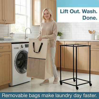 150L Laundry Basket with Wheels and Lid, Large Rolling Laundry Hamper with Removable Divider, Double Compartment Clothes Hamper, Metal Frame, White