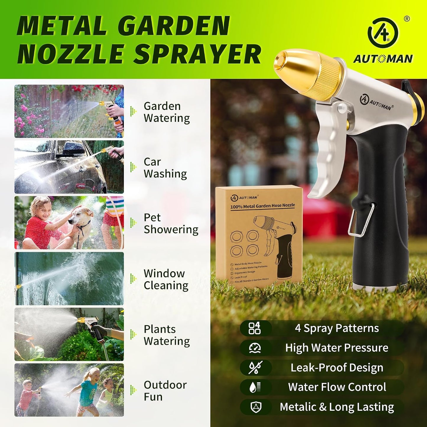 AUTOMAN Garden Hose Nozzle Sprayer - High Pressure 100% Metal Water Spray Nozzle With 4 Patterns - Heavy Duty for Watering Plants, Lawns, Washing Cars & Pets
