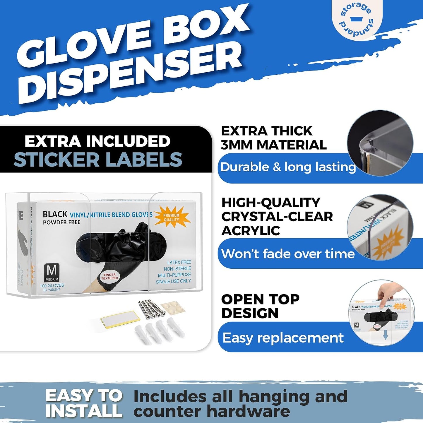 Storage Standard Glove Box Holder Dispenser - Kitchen, Medical, & Latex Gloves Holder Wall Mount or Countertop, Universal Fit - Thick Acrylic, Easy to Use, Slide, & Load Open Top Design - Clear