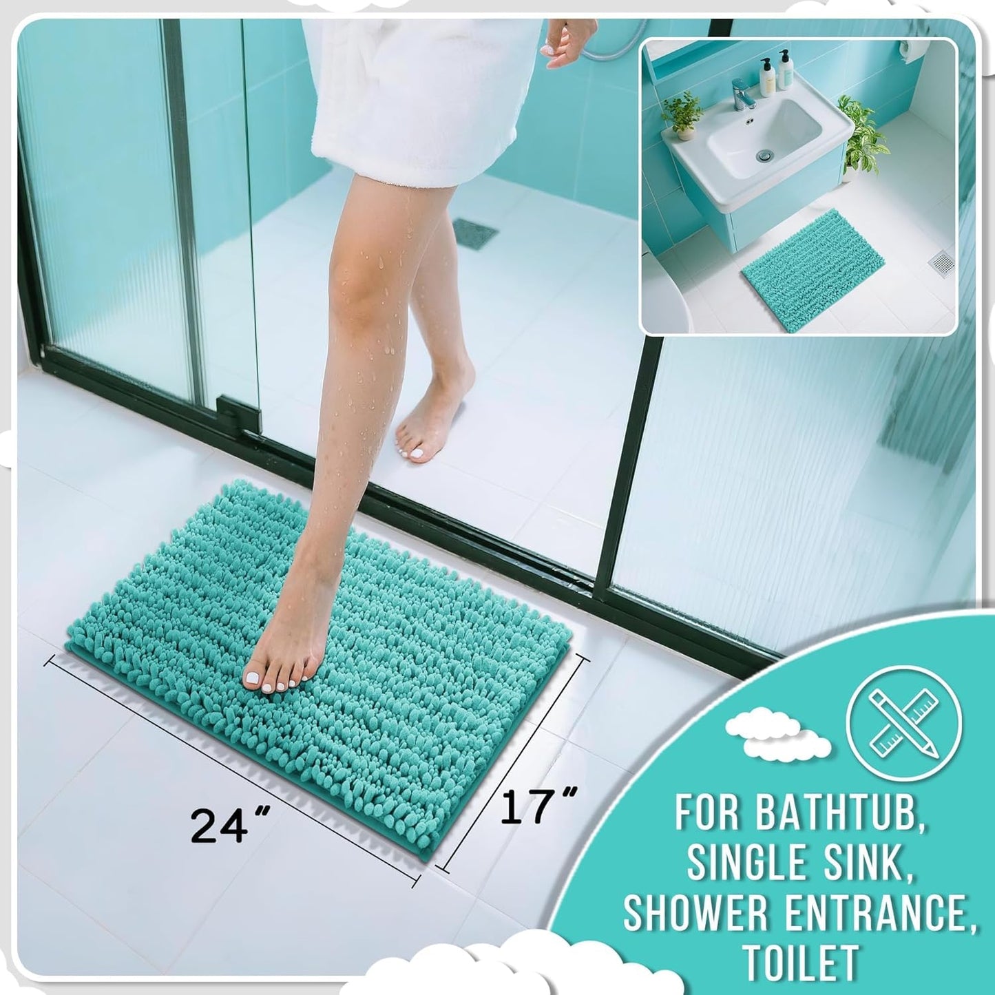 Yimobra Bathroom Rugs Non Slip Washable - Ultra Soft Absorbent Chenille Bath Mat, Quick Dry Shaggy Floor Carpet for Tub Shower, Gray Home Decor Accessories, 24x17 Inch