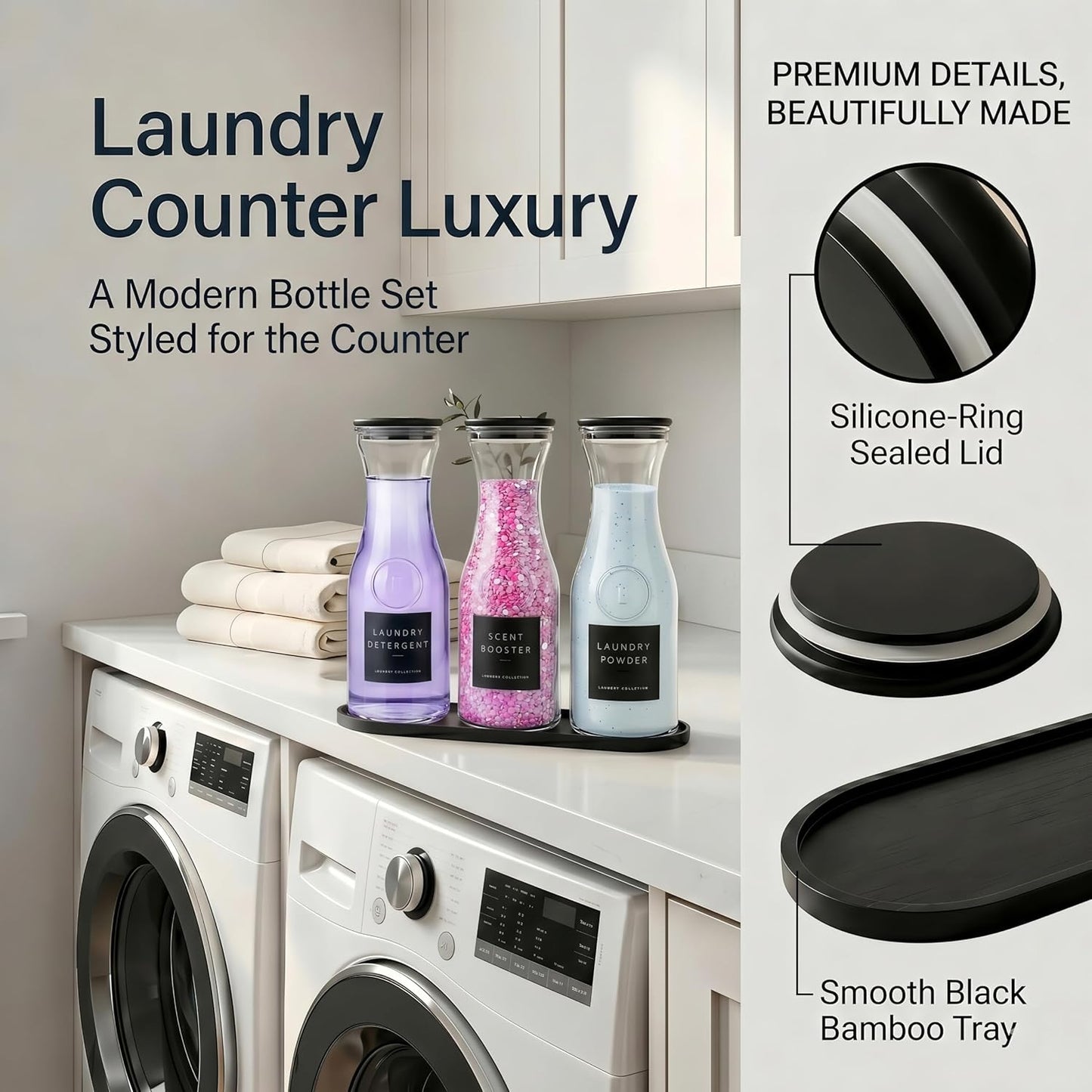 3 Pack Glass Laundry Detergent Containers with Bamboo Tray, 34OZ Liquid Laundry Soap Dispenser with 12 Labels, Silicone-Sealed Lids for Detergent, Scent Booster & Powder, Laundry Room Organization