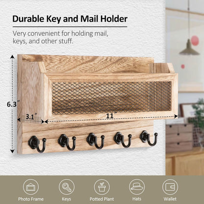 Nekon Mail and Key Holder for Wall Decorative, 11 Inch Wooden Wall Key Organizer with 5 Key Hooks, Wall Mount Storage Shelf for Entryway Hallway (Brown)