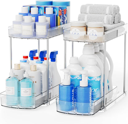 2 Pack 3 Tier Large Pull Out Bathroom Organizers and Storage,13.8″ Deep Sliding Kitchen Under Sink Organizer for Cleaning Products Storage,Acrylic Clear Bathroom inder Sink Organizer,Undersink Storage