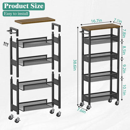 Giwil Slim Storage Cart 5 Tier Narrow Kitchen Rolling Cart on Wheels for Small Space, Metal Utility Cart Narrow Bathroom Storage Cabinet Mobile Shelf Unit Organizer with Wood Top and Handle, Black