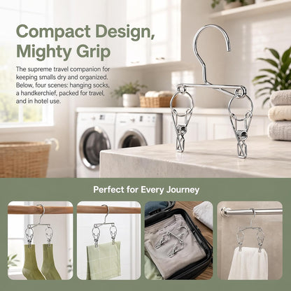4PCS Double Clip Stainless Steel Travel Hanger, Portable Rustproof Space Saving Laundry Drying Hanger with Dual Clips, Compact Hotel Travel Hanger for Socks Handkerchiefs Small Items