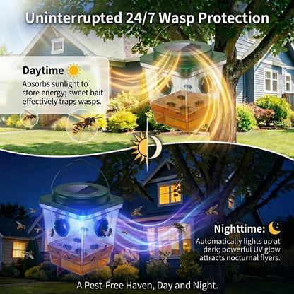 4 Pack Solar Wasp Traps Outdoor Hanging: Reusable Yellow Jacket Traps with LED Light - Effective Solar Powered Carpenter Bee Traps for Deck - Waterproof Wasp Deterrent for Garden & Yard (4)
