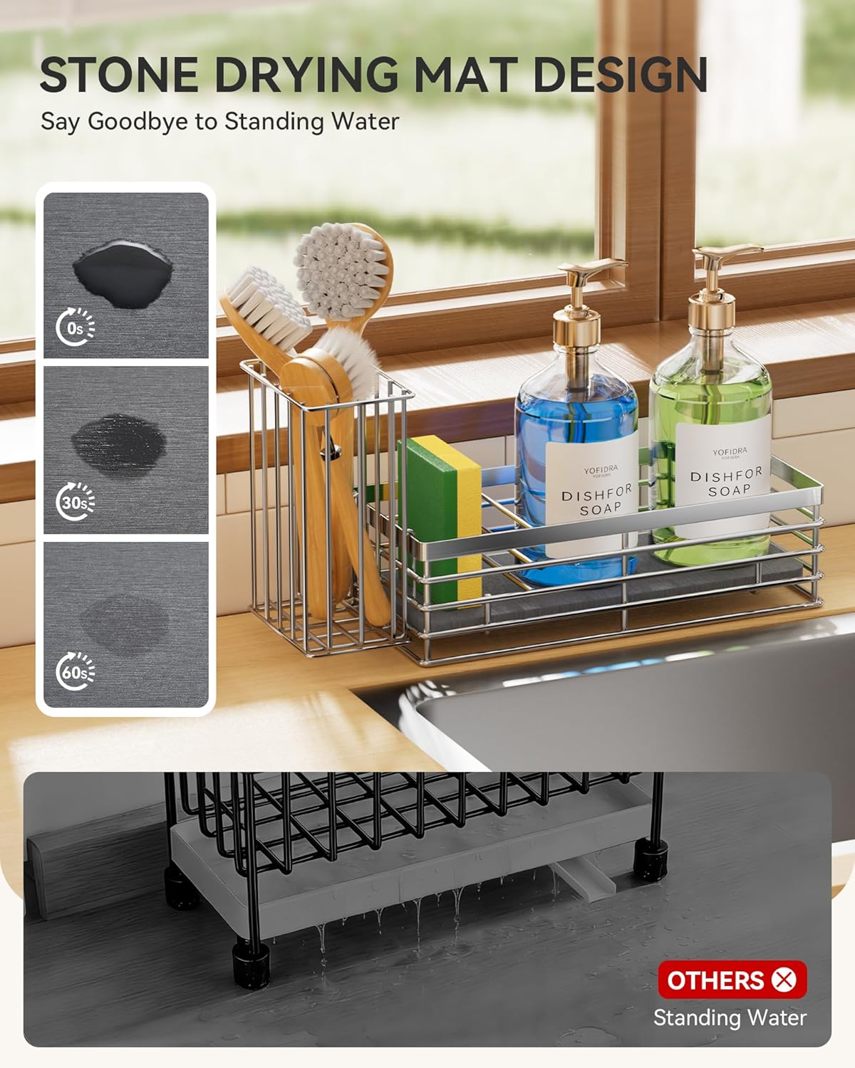 Yofidra Sponge Holder for Kitchen Sink, Sink Caddy Organizer with Stone Drying Mat, Kitchen Countertop Organizers and Storage Essentials, 304 Stainless Steel (Black, 9.3″)