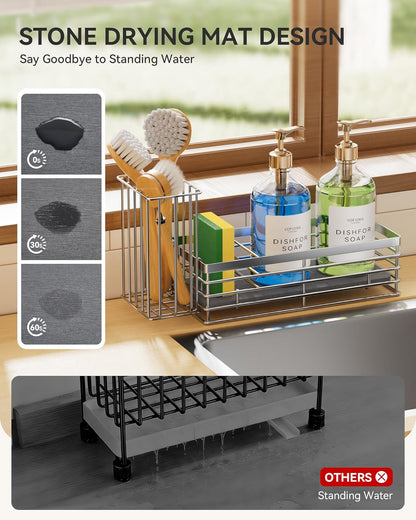 Yofidra Sponge Holder for Kitchen Sink, Sink Caddy Organizer with Stone Drying Mat, Kitchen Countertop Organizers and Storage Essentials, 304 Stainless Steel (Black, 9.3″)