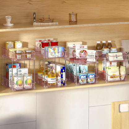 Delamu 2-Tier Under Sink Organizers and Storage, Multi-Purpose Stackable Bathroom Cabinet organizers, Pull Out Kitchen Pantry Organization and Storage with Dividers(2 Pack, Clear)