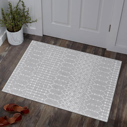 Lahome Moroccan Entry Rug 2x3, Non-Slip Washable Front Indoor Door Mat Rubber Backing Low-Profile Door Rugs, Small Geometric Print Distressed for Entryway Bathroom Kitchen, Black Hana