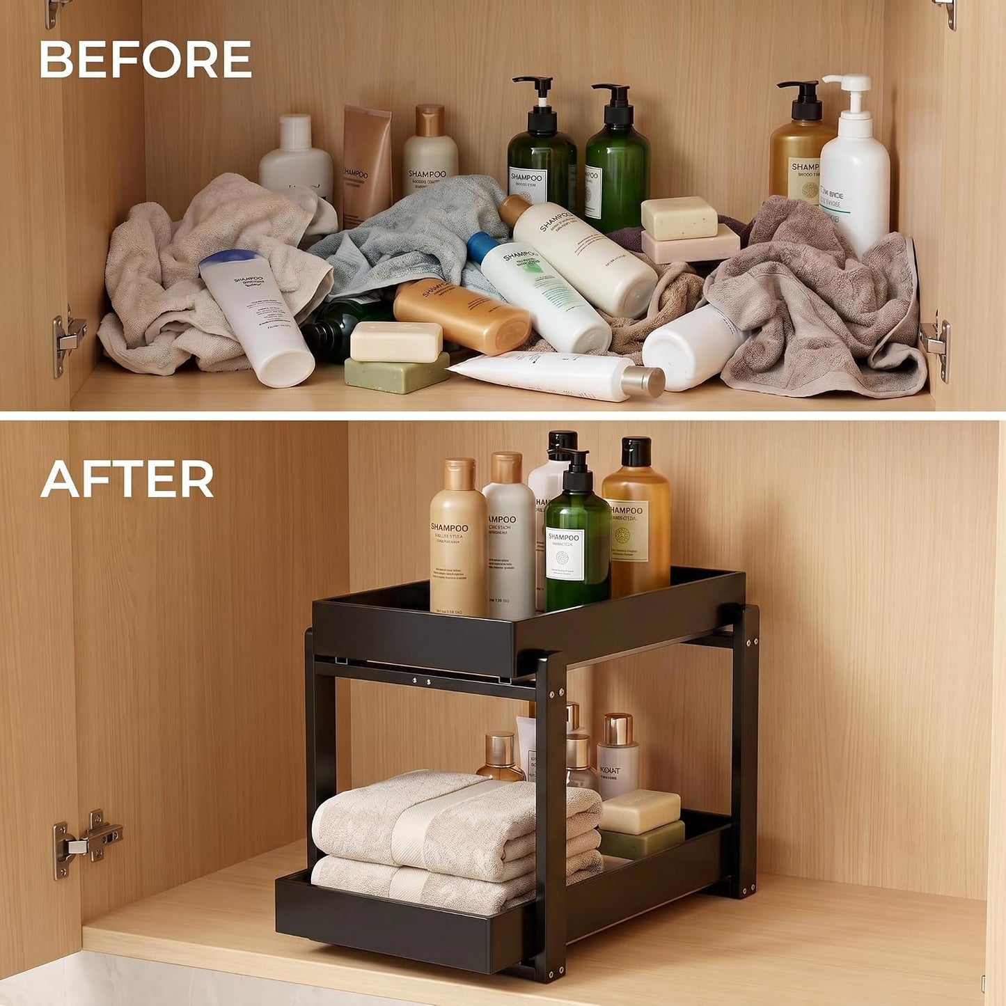 Bamboo Under Sink Organizer Adjustable Height 2 Tier Bathroom Organizer Pull Out Cabinet Storage Kitchen Heave Duty Wood Slide Ou Shelf for Kitchen Bathroom (Black, 2 Packs) (Black, 2 Pack)