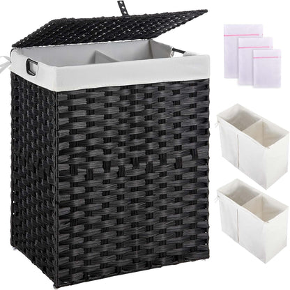 Greenstell Laundry Hamper with 2 Removable Liner Bags, Foldable Divided Clothes Hamper, 90L Handwoven Rattan Laundry Basket with Lid and Handles, No Assembly Needed, 18.3x13.3x24 Inches, Black