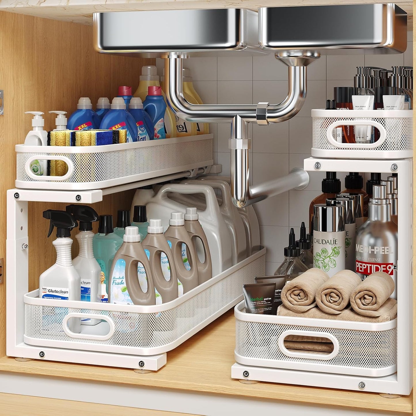 2 Pack Under Sink Organizer With Smooth Cylindrical Rail,2-Tier Pull Out Multi-Purpose Cabinet Storage for Bathroom&Kitchen,Height Adjustable,Rust-resistant Coating-White