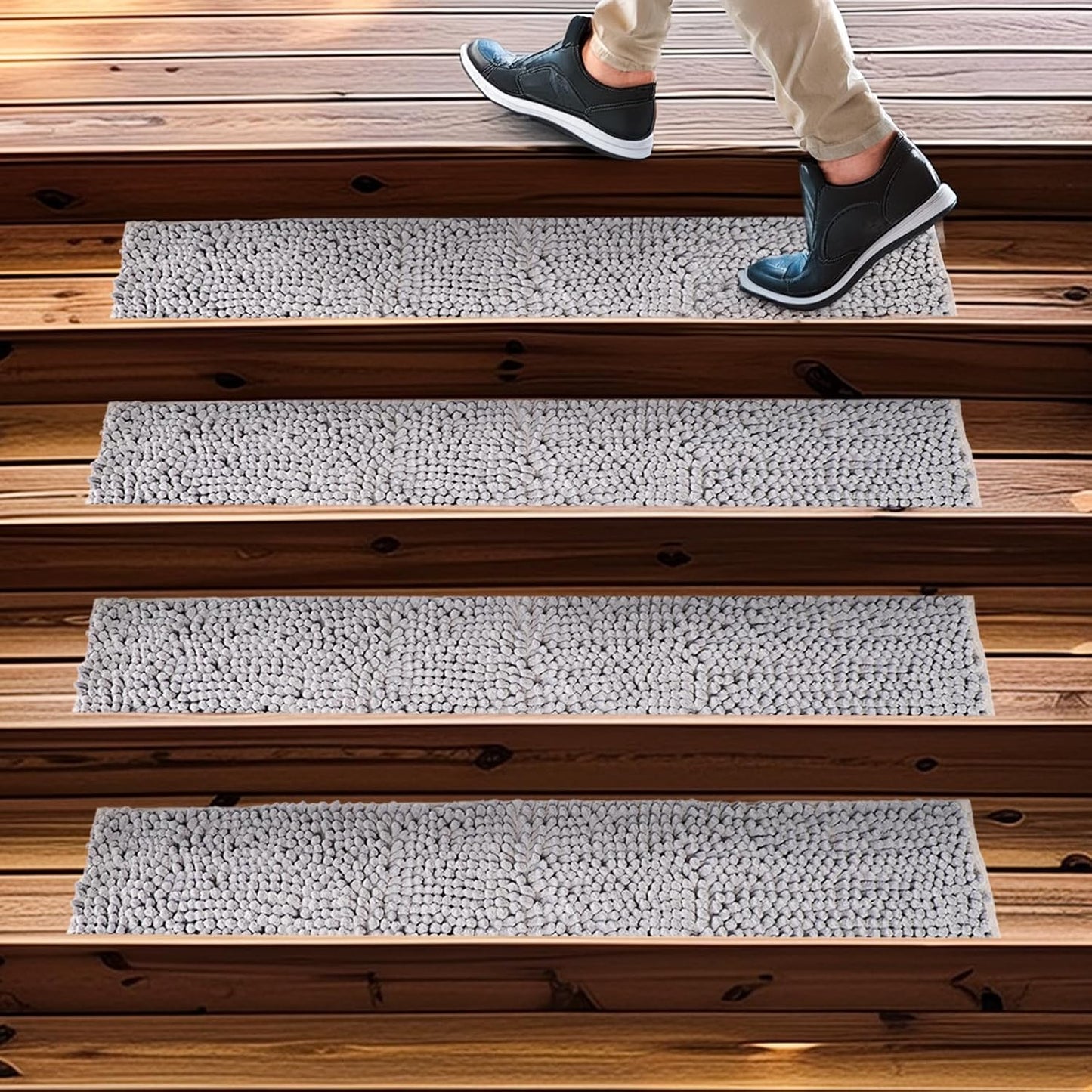 Muddy Mat® Pack of 4 - Soft Chenille Stair Treads Non-Slip Reusable, Super Absorbent Stair Treads for Wooden Steps, Tile & Marble Floor, Easy to Install & Machine Washable - Brown 30'' x 7''