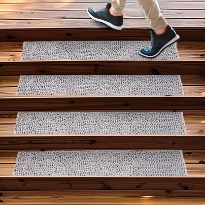 Muddy Mat® Pack of 4 - Soft Chenille Stair Treads Non-Slip Reusable, Super Absorbent Stair Treads for Wooden Steps, Tile & Marble Floor, Easy to Install & Machine Washable - Brown 30'' x 7''