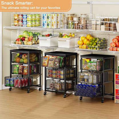 4 Tier Kitchen Rolling Cart, Kitchen Storage Cart with Wheels, Adjust Pantry Organizer and Storage Cart with Drawer, Fruit Vegetable Spice Storage Cart, Wooden Top Metal Kitchen Organizer Rack Stand