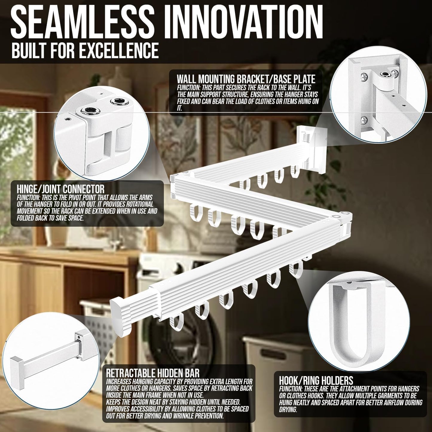 Foldable Wall Mounted Clothes Drying Rack for Laundry, White | 180° swivel, 220 lb hold, aircraft aluminum, retractable, space-saving, indoor outdoor, hanger dryer, balcony bathroom