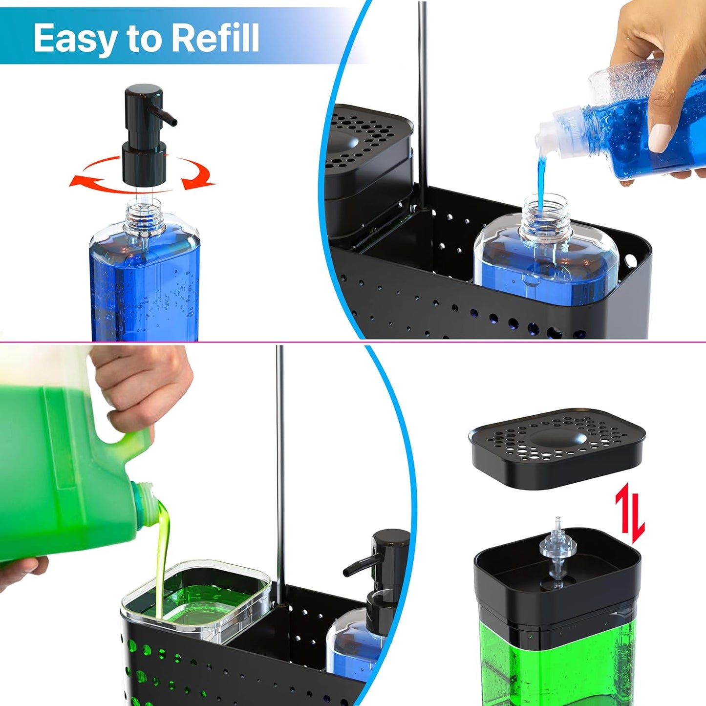 YAN & HIN Dish Soap Dispenser Set with Sponge Holder for Kitchen Sink, 5-in-1 Sink Caddy Organizer with Drain Tray, Brush Holder & Towel Rack, Space Saving Kitchen Counter Organizer