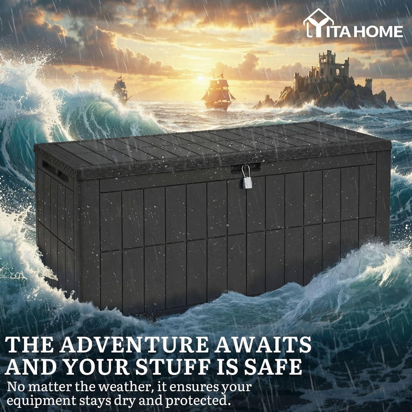 YITAHOME 134 Gallon Large Deck Box | Waterproof Resin Outdoor Storage Box with Lock, Doubles as 2-Person Bench Seating for Patio Furniture Cushions,Garden Tools &
