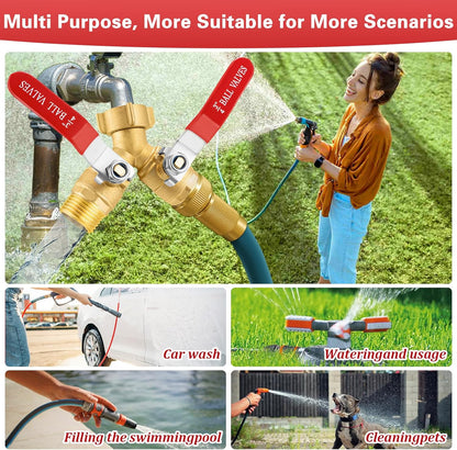 Garden Hose Splitter, 304 Stainless Steel 2 Way Hose Splitter with Long Handle, Heavy Duty Hose Y Spigot Splitter with Shutoff Valves, 3/4" GHT Thread Outdoor Faucet Splitter