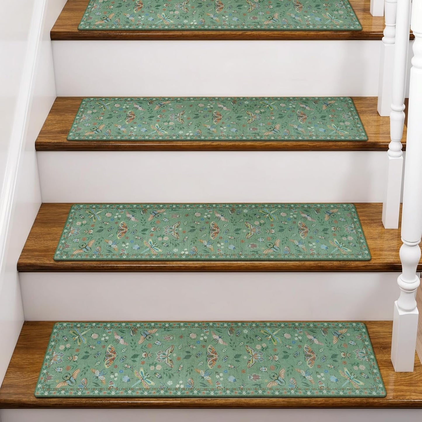 OJIA Insect Print Stair Treads Non Slip Stair Runners for Wooden Steps Indoor, 15PCS 8"x30" Rubber Backing Carpet Treads for Wood Stairs Staircase Step Treads for Kids & Dogs, Stair Covers, Black