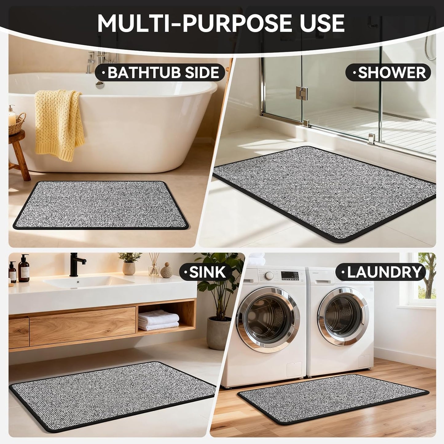 Non Slip Bath Mat with Rubber Backing, Absorbent Quick Dry Bath Rugs Washable, Thin Bathroom Rugs Fit Under Door for Bathroom Floor, Shower and Sink, 16"×24", Grey
