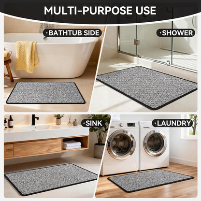Non Slip Bath Mat with Rubber Backing, Absorbent Quick Dry Bath Rugs Washable, Thin Bathroom Rugs Fit Under Door for Bathroom Floor, Shower and Sink, 16"×24", Grey