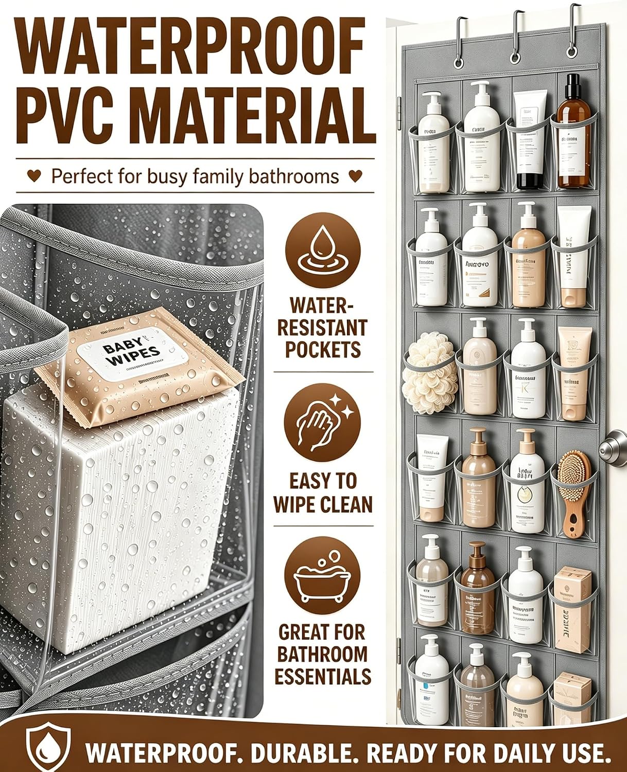 Over the Door Shoe Organizer with 24 Crystal Clear Pockets and Metal Hooks – Heavy Duty Hanging Shoe Storage Rack for Closet, Bathroom, Dorm – Space Saving for Shoes, Accessories, Toys (White)