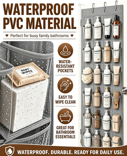 Over the Door Shoe Organizer with 24 Crystal Clear Pockets and Metal Hooks – Heavy Duty Hanging Shoe Storage Rack for Closet, Bathroom, Dorm – Space Saving for Shoes, Accessories, Toys (White)