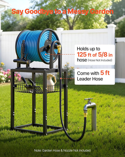 VEVOR Wall Mounted Garden Hose Reel, Holds 125 ft 5/8-inch Hose, Heavy-Duty Water Hose Winder, Space-Saving Design, Outdoor Manual Reel with Brass Fitting and Storage Basket for Yard Lawn