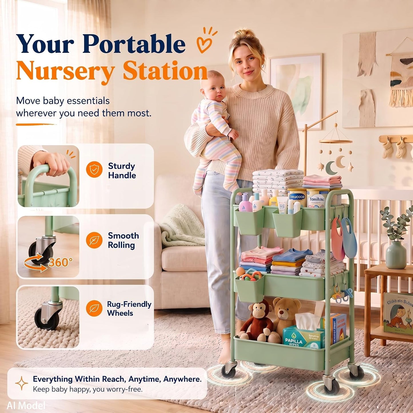 2 Tier Small Rolling Cart Metal with Wheels, White Under Desk Storage Cart on Wheels, Short Utility Roller Caddy Carts Organizer for Art,Craft,Pantry,Bathroom, Two Tiered Shelf Trolley,22 Inches Tall